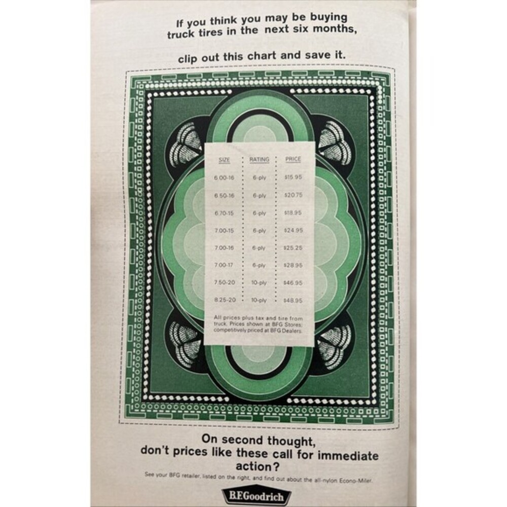 1965 Print Advertisement  B.F. Goodrich Truck Tire Tread Price Guide Original